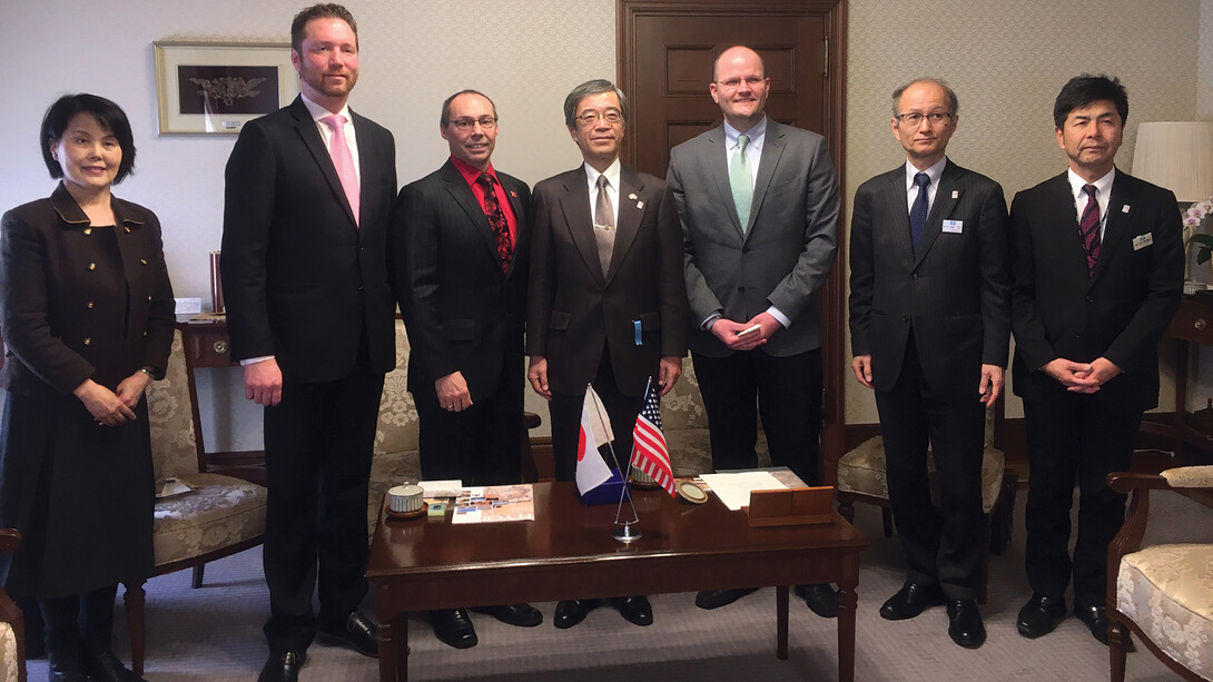 Members of the Nebraska delegation meet with Japanese colleagues. Pictured (from left) is Hisami Imagawa, business development manager for Nebraska Center Japan; Jon Kerrigan, education abroad coordinator for Global Engagement; Steve Goddard, interim vice chancellor for research and economic development; Kazuo Kanazawa, vice governor the Hyōgo prefecture; Daniel Jackson, international business manager for Nebraska; Norihisa Mizuguchi, director general, international affairs bureau, Hyōgo prefe