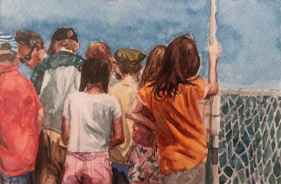 Jordan Johnson, “Summertime,” watercolor on paper, mounted to cradled panel, 4” x 6” x 0.75”, 2018.