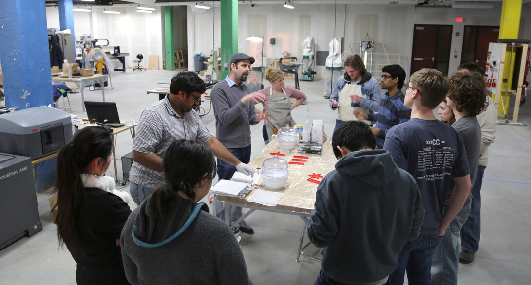 Students listen during a soft robots demonstration led by Stephen Morin, assistant professor chemistry.