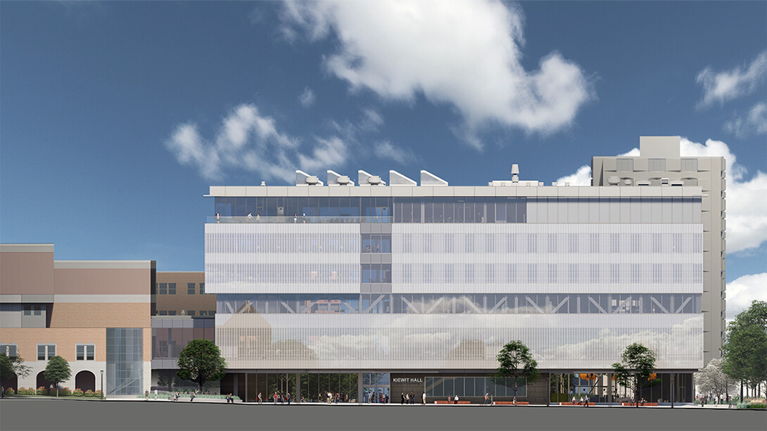 Architectural rendering showing the most recent design for the south face of Kiewit Hall. The final design of the building continues to be developed.