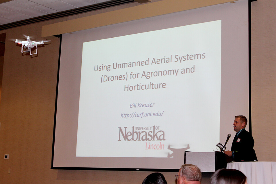 Bill Kreuser, assistant professor, UNL Agronomy and Horticulture, demonstrates flying an unmanned aerial system.