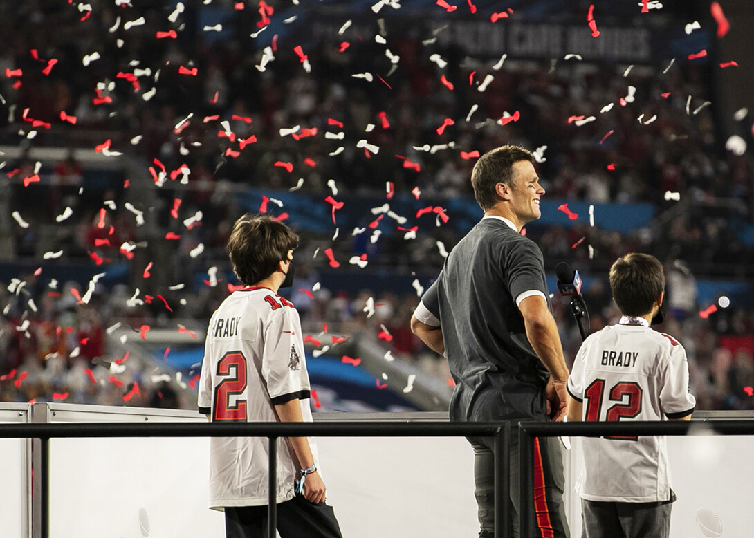 Tom Brady celebrates with his children after winning Super Bowl LV in Tampa Bay on Feb. 7. Nebraska's Maddie Washburn helped photograph the event through an NFL internship. 