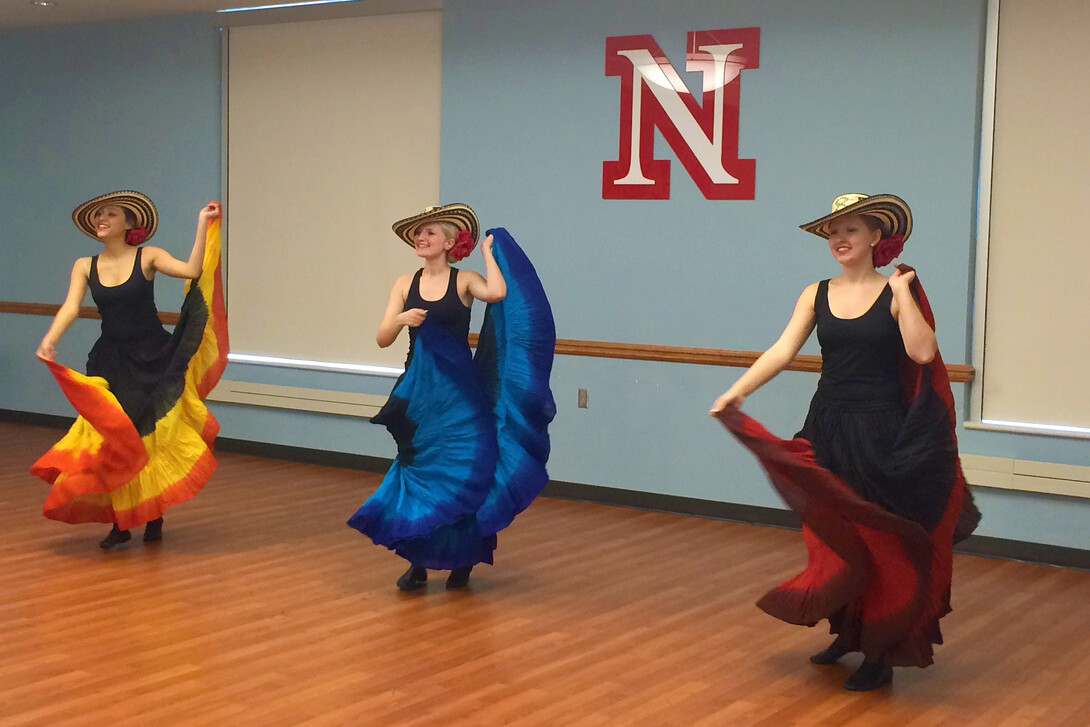 Students from Columbus High School perform a traditional Colombian dance to “La pollera colorá” at the 40th annual UNL Language Fair. 