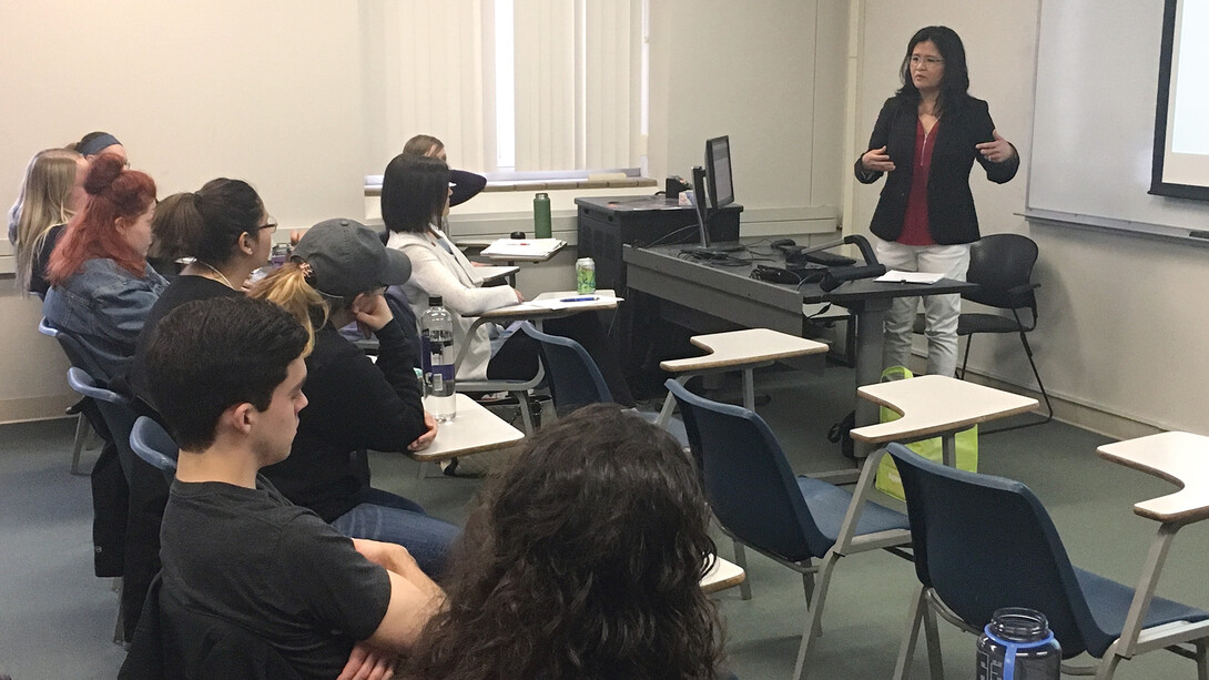 Nebraska alumna Channy Chhi Laux talks with students during her visit on April 18. Laux is a survivor of the Cambodian genocide.