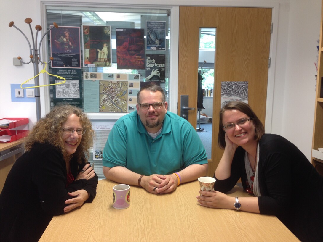 (From left) Carole Levin, chair of the medieval and Renaissance studies program, meets with University of York graduate student Dustin Neighbors and UNL graduate student Andrea Nichols at the University of York. While completing research under a Fulbright award last year, Levin forged an academic partnership between UNL and York’s respective medieval and Renaissance studies programs.