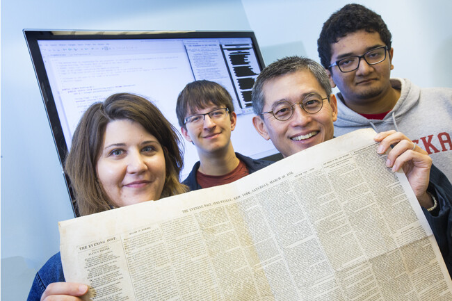 In the upper left corner of a 19th century newspaper is an example of poetry UNL's Elizabeth Lorang is researching.  She is collaborating with Leen-Kiat Soh, Associate Professor at the Computer Science and Engineering Department, and undergraduate students Spencer Kulwicki and Maanas Varma Datla who have developed software to search out and recognize the poetry from digitized newspapers.