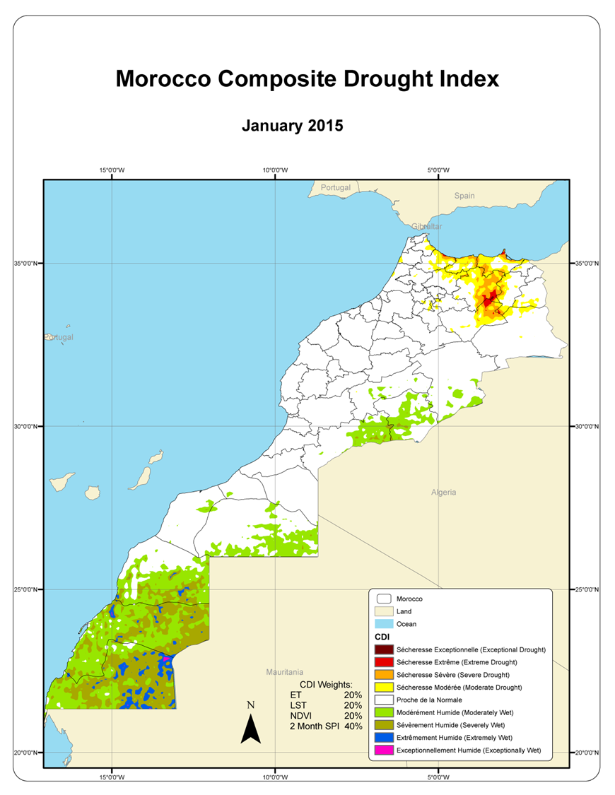 The Morocco Composite Drought Index for January 2015 shows drought in the country’s northern edge, along the coast of the Mediterranean Sea.