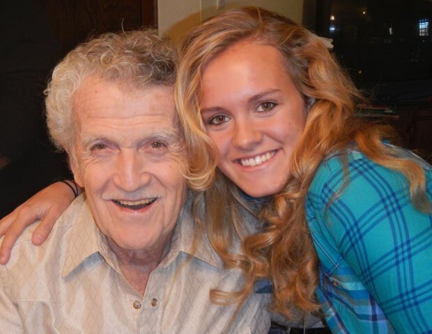 UNL student Madison Bell and her grandpa Bill Gaughen, who told her, “Oh yes, it was never forgotten in the Gaughen family where we came from.”