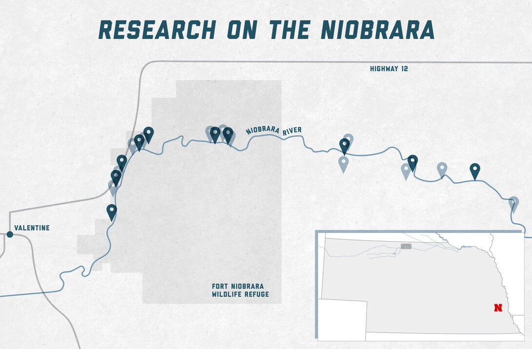 Vondracek's team visited 17 different collection sites across the Niobrara River. The sites, marked above by the points along the river, are all east of Valentine in north-central Nebraska and include the Fort Niobrara Wildlife Refuge.