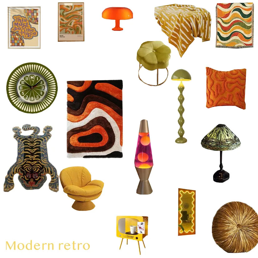 Board showing modern and retro items.