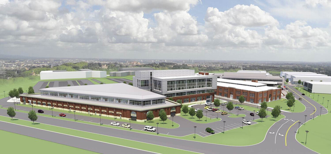 Architects drawing of the completed first phase on Nebraska Innovation Campus. Pictured from left is the Industrial Arts Building, a new lab/research facility, 4-H Building and Companion Building.