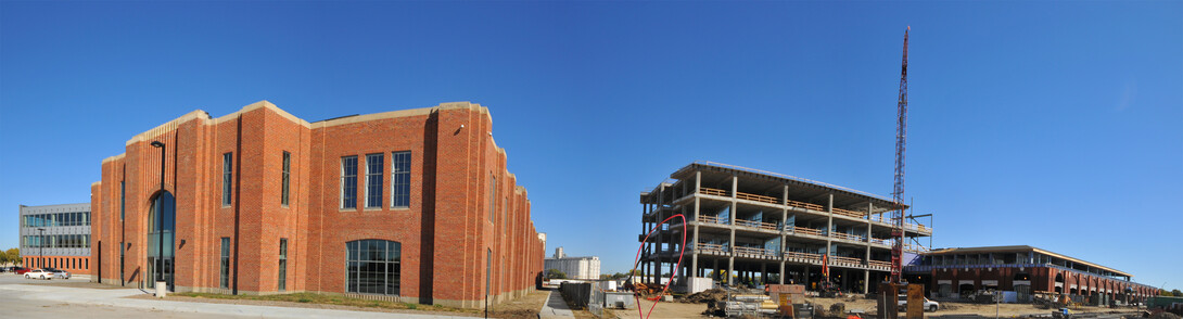 Nebraska Innovation Campus buildings include (left) Innovation Commons and (right) the Food Innovation Center.