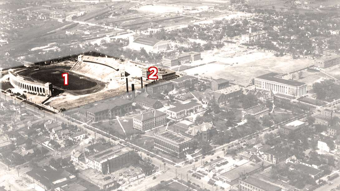 Memorial Stadium (1) was the third location for Nebraska's football field. It was first located north of Brace Labs (where Richards Hall is today), then ran from east to west on the west side of Avery Hall (2). Memorial Stadium opened in 1923. Avery was initially known as the new Chemistry Laboratory when it opened in 1916 and replaced the 1885 Chemistry Laboratory.