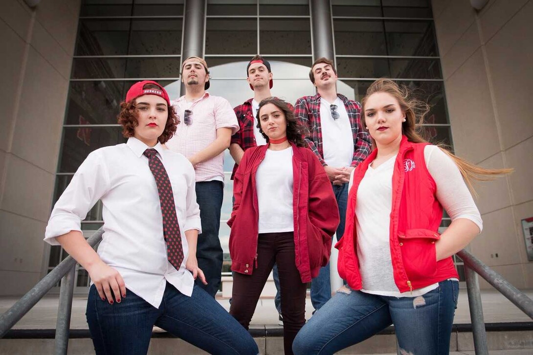 Students featured in “Nebraska: Nice” include (from left) Emilee Munoz, Ricardo Gajardo, Max McCutcheon, Hilda Rey, Luke Morken and Riley Ford. The production continues through Oct. 29.