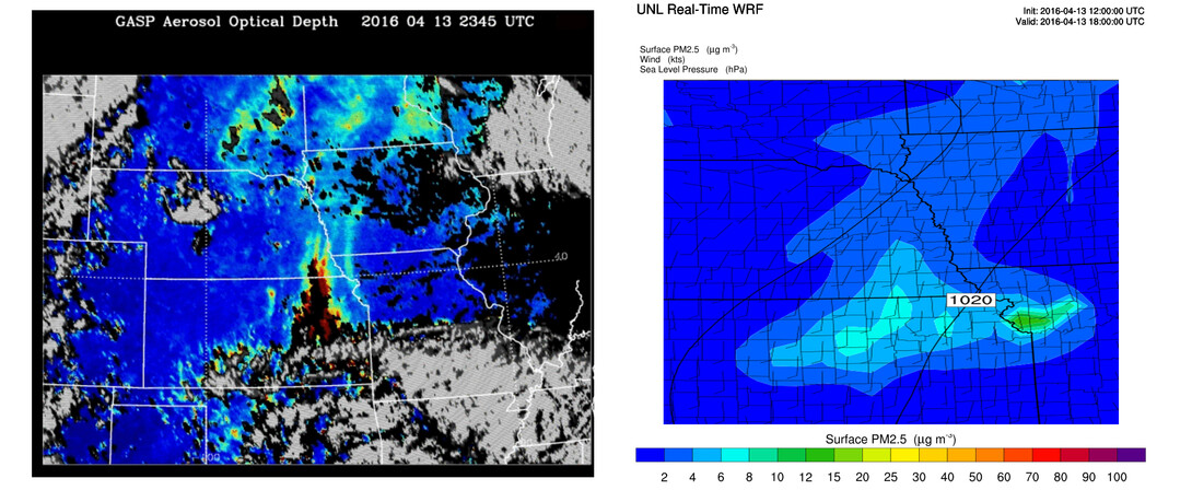 The left image shows aerosol optical depth, or the number of particles in the air, observed by a NOAA satellite at 6:45 p.m. April 13. Higher optical depths indicate heavier smoke and particles. Orange, red and purple indicate higher levels of particle pollution, including smoke. Gray areas are clouds or rain blocking the satellite's view. The right image shows Wang’s Weather Research and Forecast model accurately predicted the movement  from Kansas into Nebraska. The green area in northwest M