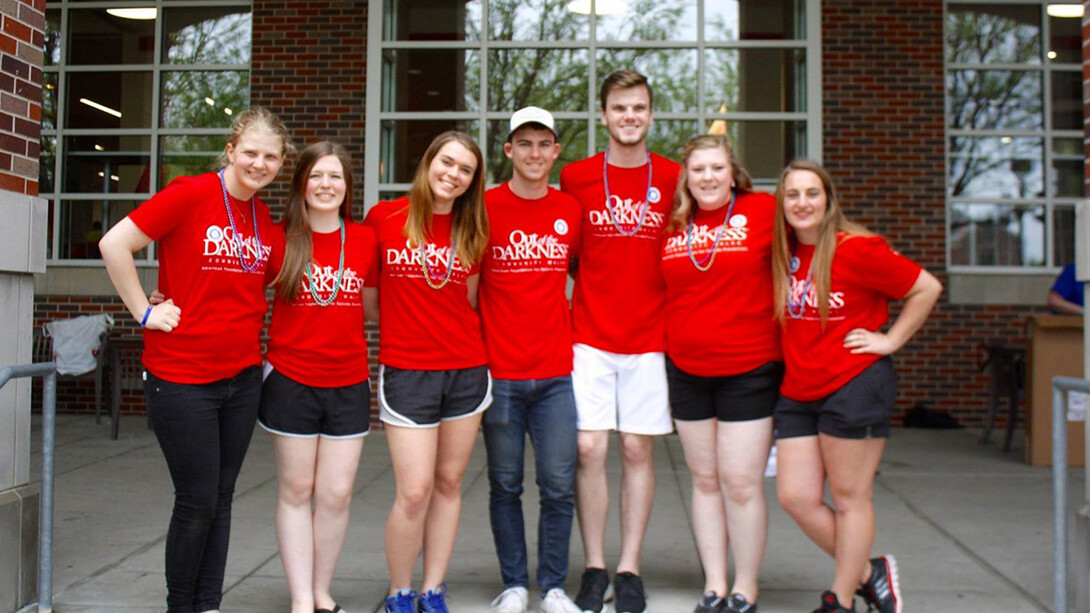 Members of the university's Out of Darkness student group include (from left) Taylor Scholl, Sydney Vogel, Shelby Williby, Mark Bowling, Tanner McKerlie, Anna Owens and Mandy Houston.