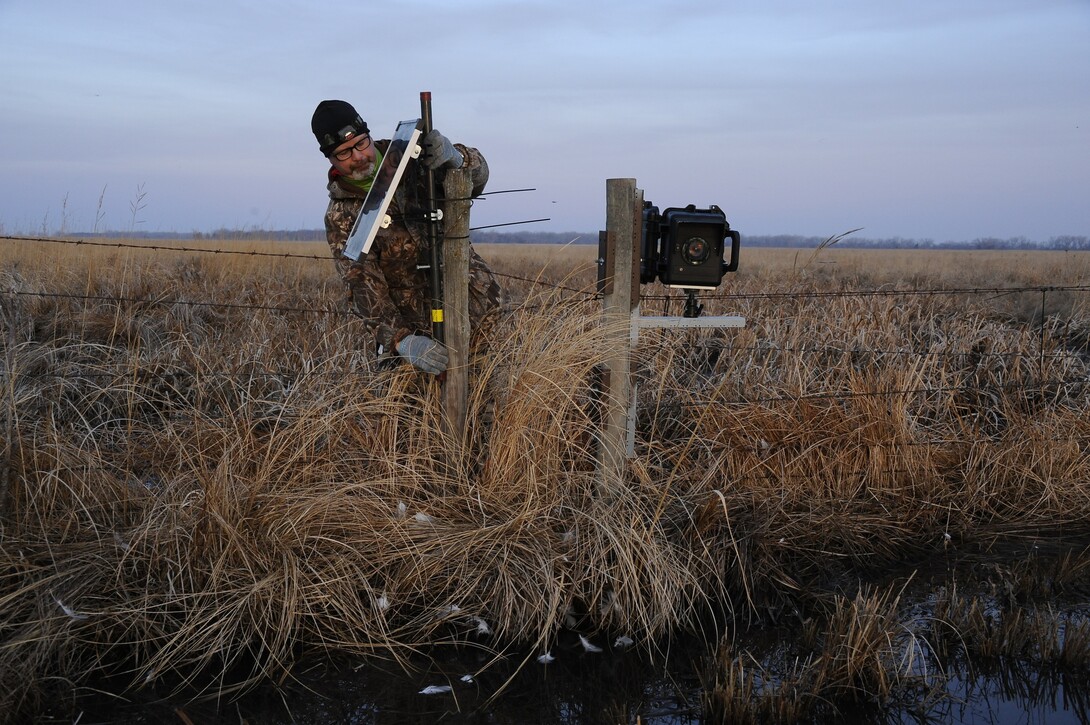 One of the cameras used for the Platte Basin Timelapse project is moved into place. Project coordinators Mike Forsberg and Mike Farrell will discuss the project at 7 p.m. Dec. 3 in Hardin Hall.