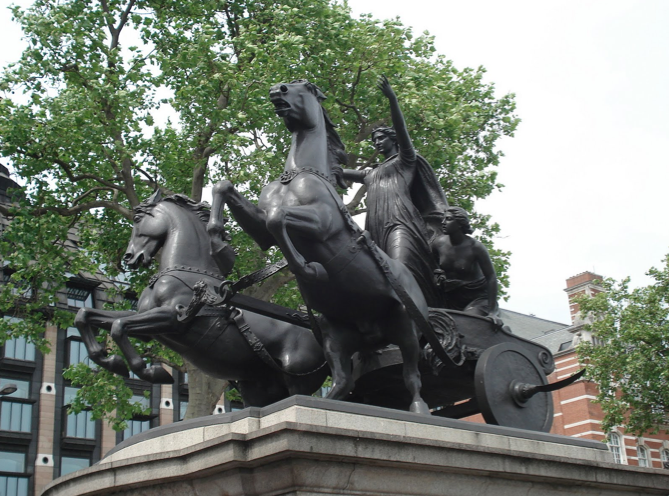 Sculpture of Celtic queen Boudicca and her daughters riding a chariot located outside London's Westminster Abbey.