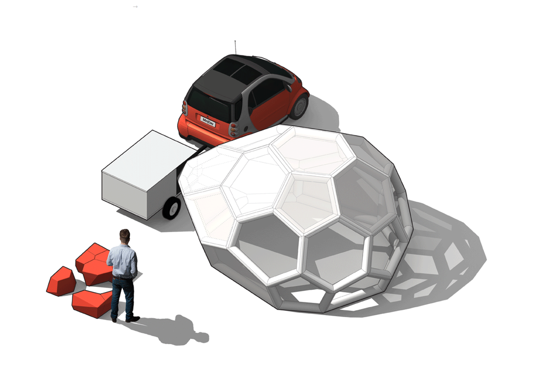 The design of "Pneumad" and "Soft Stones" fits into a small trailer, helping to reinforce the concept that the structure is temporary and intended to be relocated as needed.