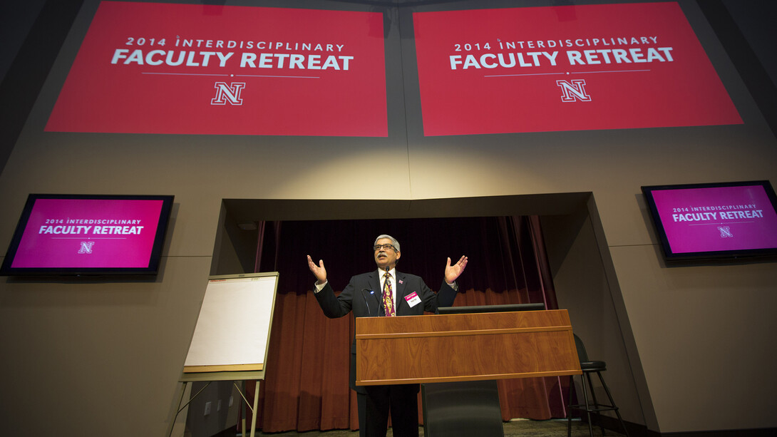 Prem Paul, retired vice chancellor for research and economic development, welcomes more than 300 faculty to the 2014 Interdisciplinary Faculty Retreat held at Nebraska Innovation Campus. Paul, who retired Aug. 29, died Sept. 2.