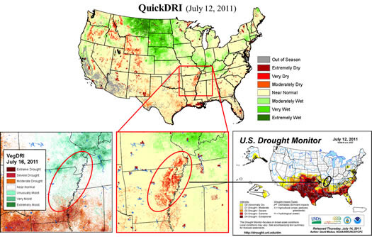 The QuickDRI prototype detected a fast-emerging area of drought in northwest Arkansas that didn't show up on VegDRI.