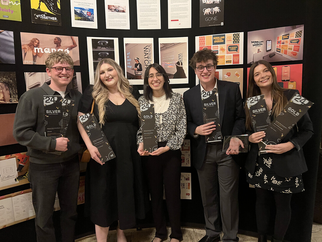 School of Art, Art History & Design ADDY winners (left to right):  Keegan Towey, Shaydan Bayless, Fatima Al-Jayashi, Joe Warren and Ava Schicke.