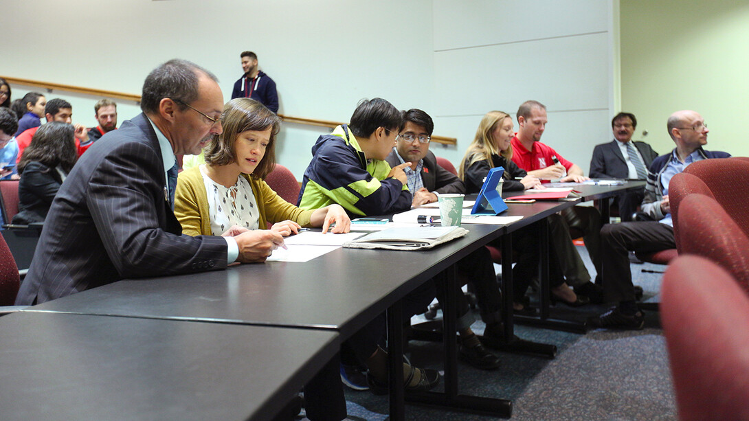 Ten postdocs assembled in the Nebraska Union Auditorium for a Nov. 2 science slam, part of the Fall Research Fair. Modeled after their poetry counterparts, science slams ask their participants to communicate their research in whatever way they see fit.