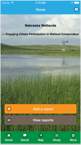 Screenshot from the Nebraska Wetlands app developed by a UNL team led by Zhenghong Tang. The app is designed to promote public awareness and engagement in wetland conservation.