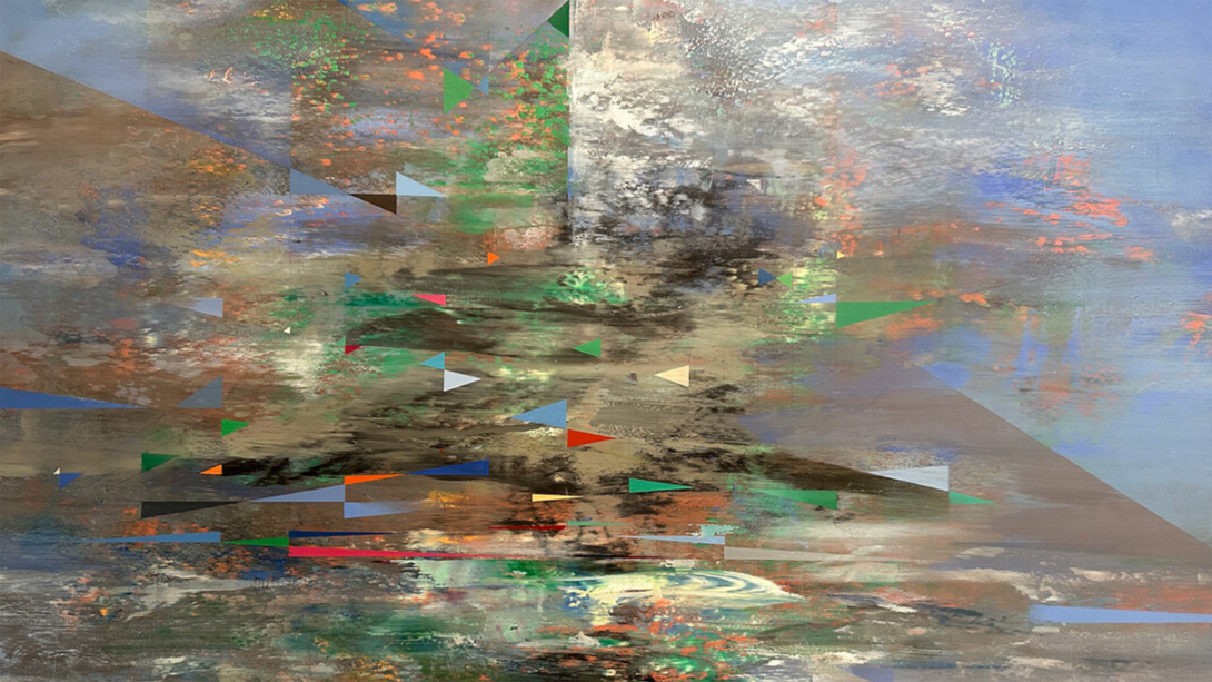 Detail of an abstract artwork featured in the faculty/staff exhibition.