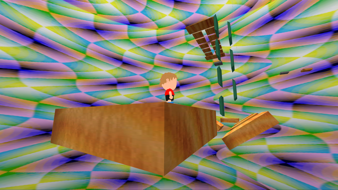 A colorful background surrounds an avatar of a young boy on a platform in a mobile game.