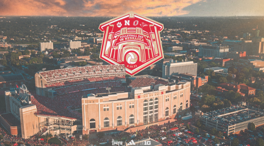 Volleyball Day in Nebraska graphic with Memorial Stadium in the background