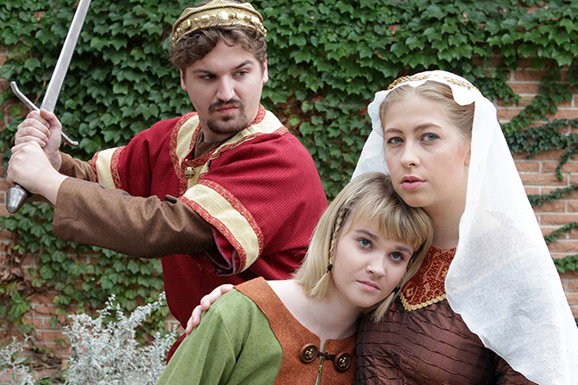 The University Theatre production of "Silence" features (from left) Ryan Rabstanjek as King Ethelred, Bren Hill as Silence and Maggie Austin as Princess Ymma.