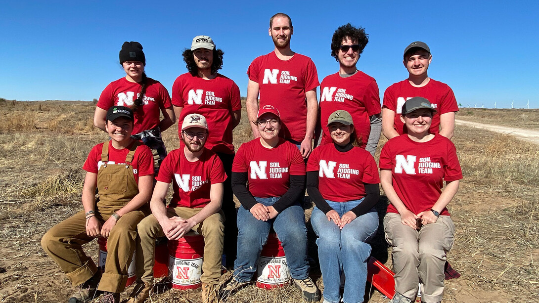 UNL Soil Judging Team members include Stephanie Kluthe, (back row, from left) Sean Glasshoff, Mason Rutgers, Johnathan Kelly, Jack Krebs, Will Hernandez (front row, from left), Mason Schumacher, Charlotte Brockman, Julianna Cañedo and Rachel Clarkson.