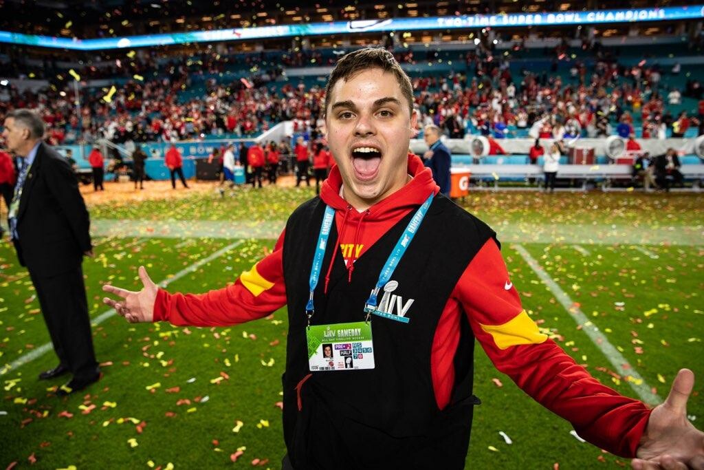 Ben Buchnat celebrates on the field after the Kansas City Chiefs won Super Bowl LIV. A 2019 journalism and mass communications graduate, Buchnat spent the NFL season working as a seasonal producer with the Chiefs.