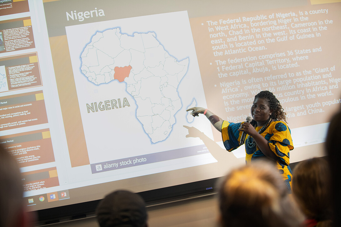 Margaret Nongo-Okojokwu, a first-year graduate student, teaches journalism students about human rights and social justice in the media.