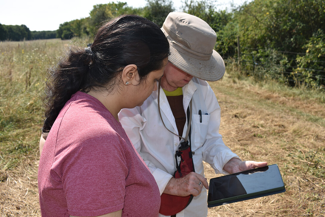 Gargi Jani (Assistant Professor and Programme Coordinator, National Forensic Sciences University) and Dr. LuAnn Wandsnider (Professor, University of Nebraska-Lincoln) going over protocols for the using satellite RTK (real-time kinetic) mapping system and software for recording spatial information from  the crash site.