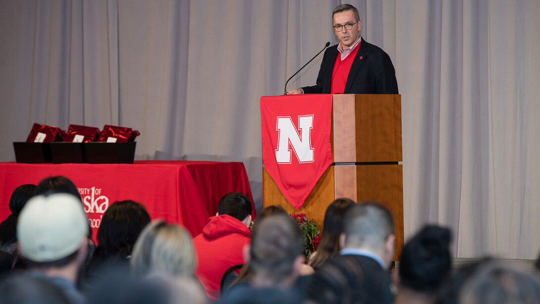 Chancellor Ronnie Green addresses students and families during the Nov. 18 event at CHI Health Center in Omaha.