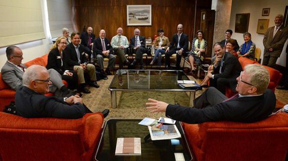 Dave Wilson (right) and members of the UNL delegation meet with representatives from the Federal University of Rio Grande do Sol in Brazil in early October. Talking with Wilson at left is Rui Oppermann, provost of Federal University.