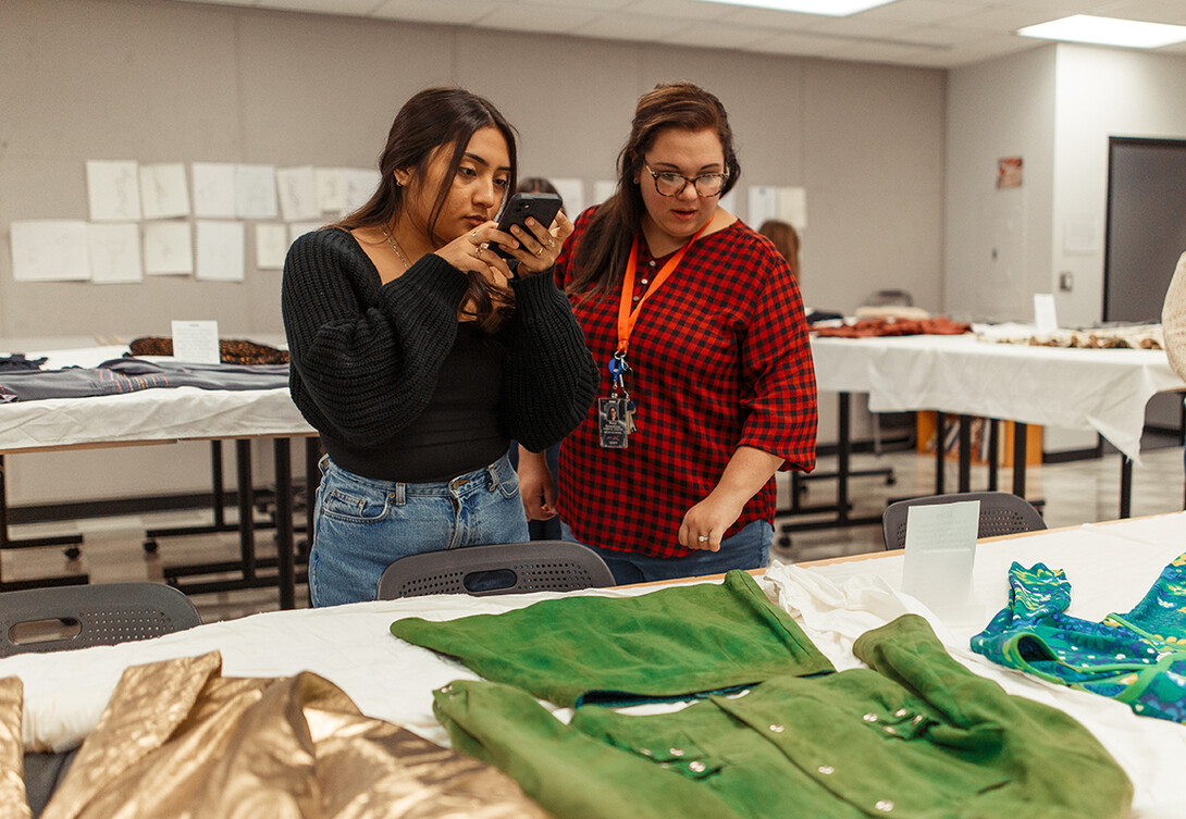 South High student Brianna Solis-Romero, left, and teacher Mary Breedlove during their visit to Nebraska's Department of Textiles, Merchandising and Fashion Design.