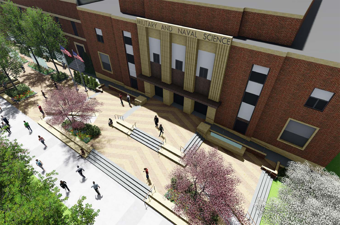 The Veterans' Tribute project includes a redesigned entrance to the Military and Naval Science Building. When complete the project will provide a space for campus ceremonies and events.
