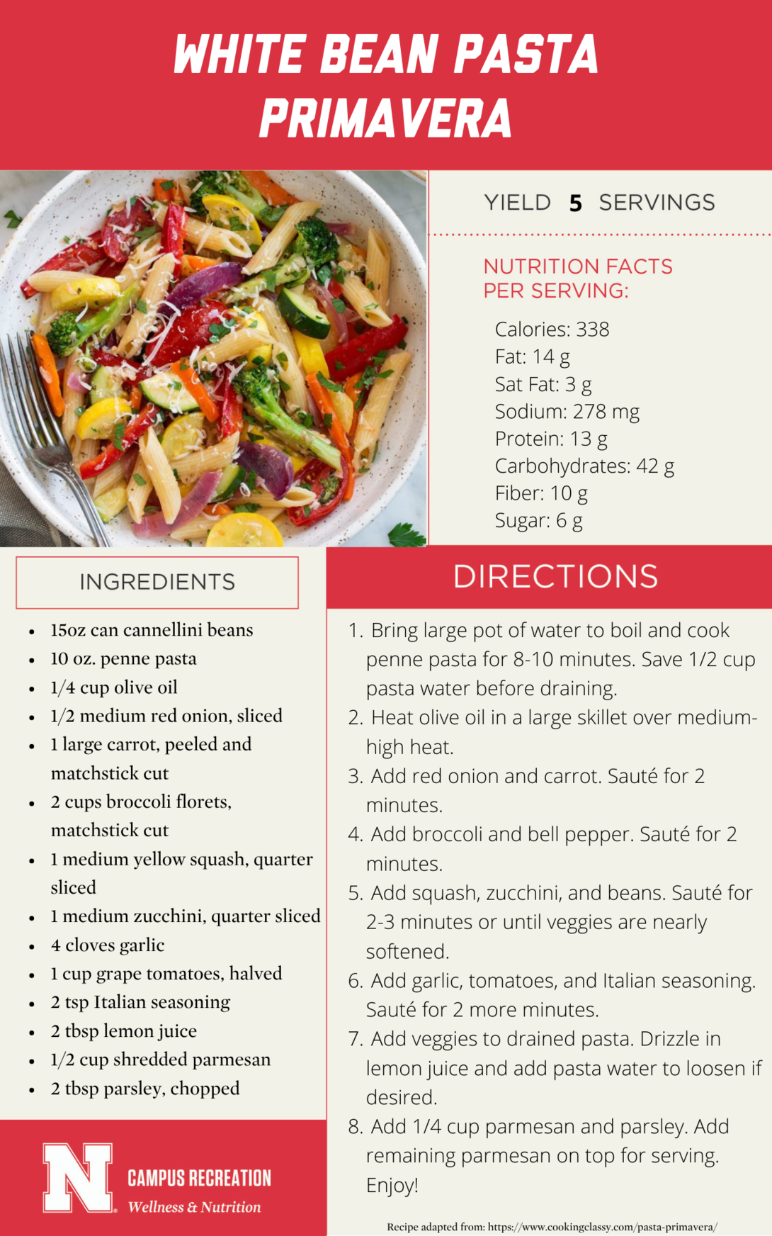 A recipe card for white bean pasta primavera