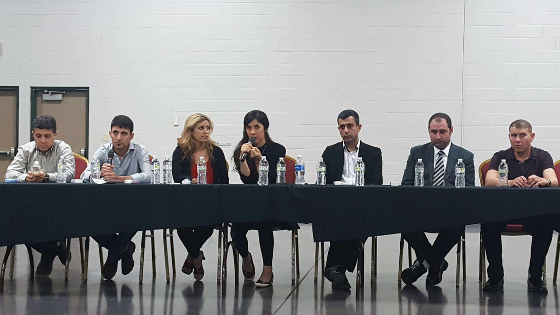 Hadi Pir (left), UNL student Khalaf Smoqi (second from left), Laila Khoudeida (third from left) and Ziyad Smoqi (second from right) were among Yazda leaders who met with Nobel Peace Prize winner Nadia Murad (fourth from left)  during a September 2016 visit to Lincoln.