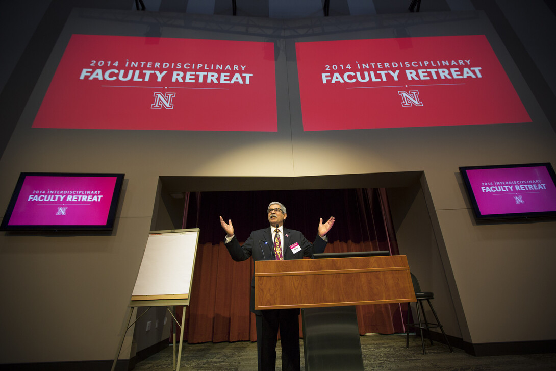 Vice Chancellor Prem Paul welcomes faculty to the retreat.