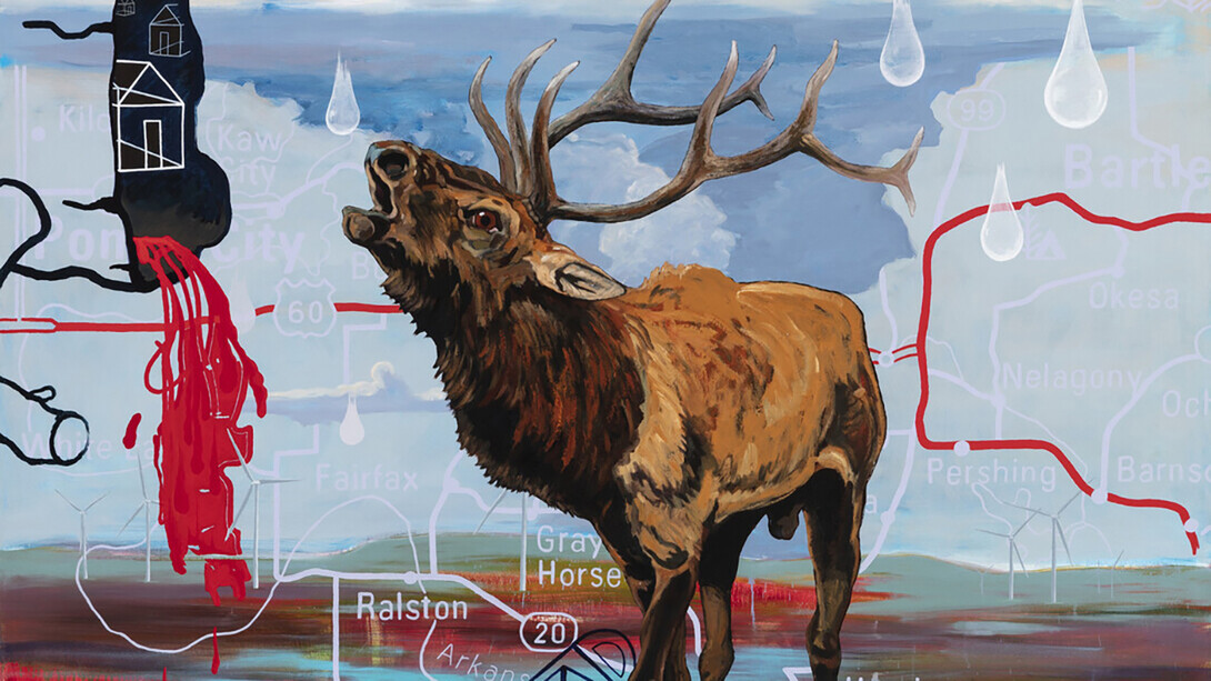 Detail of an abstract painting by Norman Akers showing an elk calling, raindrops falling and a red fluid flowing onto a map.