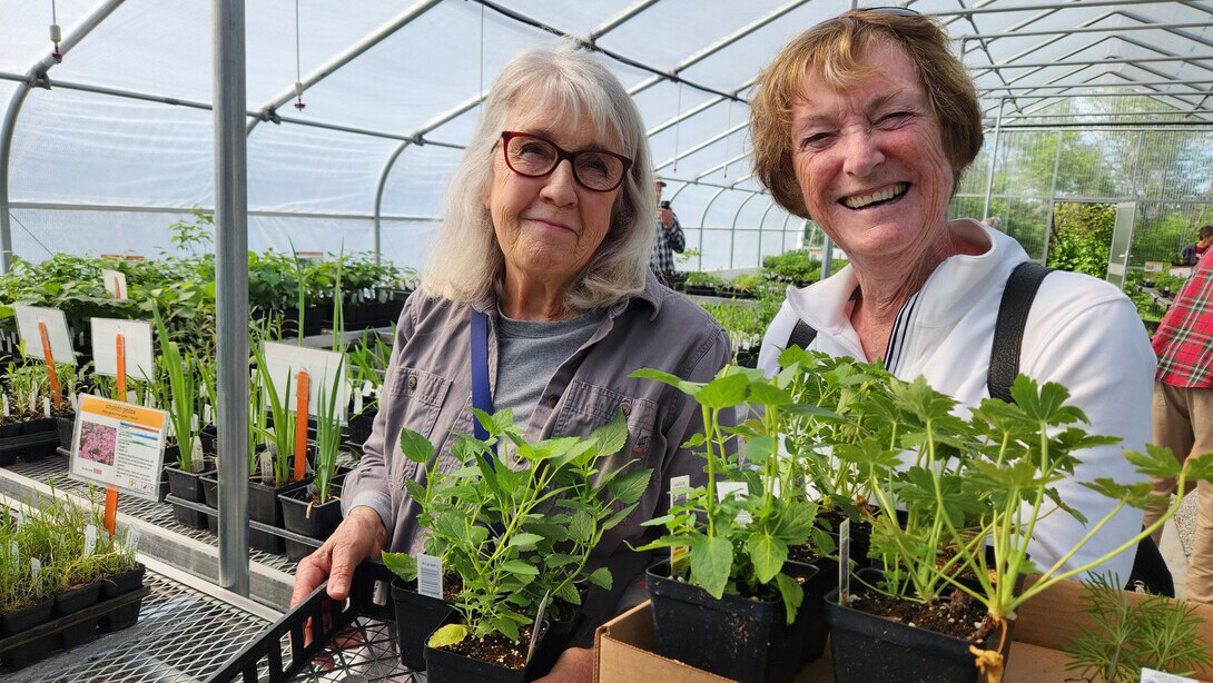 Two women holding plants at a plant sale.