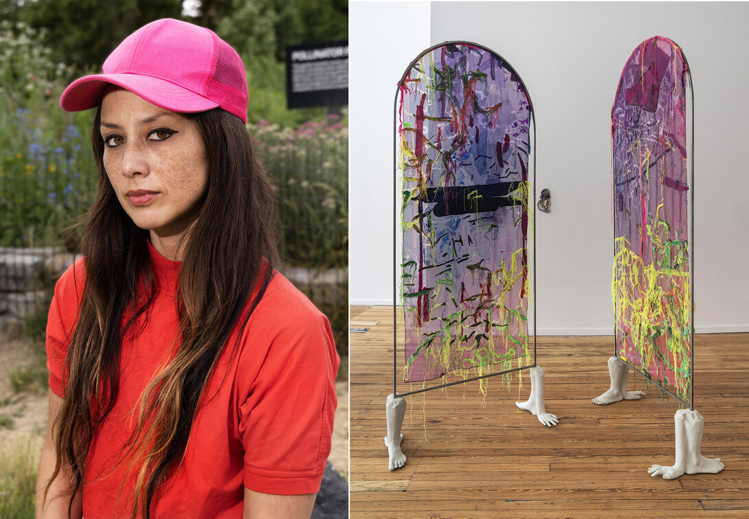 Left: Sara Jimenez. Right: Sara Jimenez, “Allegory of Continents” (solo exhibition), 2025, textiles, cement, steel, ceramic, dimensions variable.