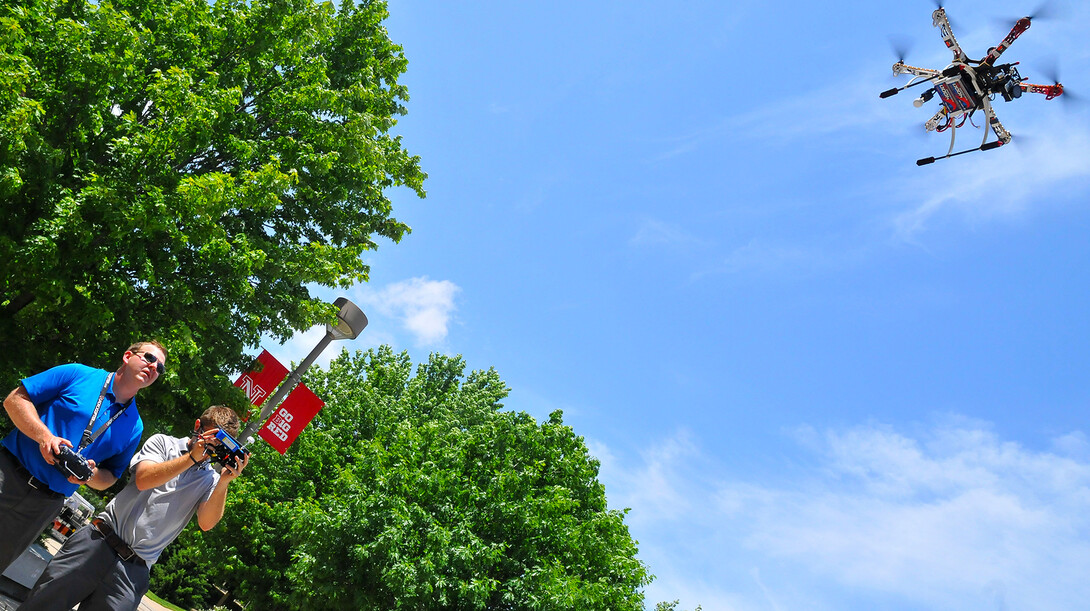 Big Ten Network contractors record video of the Nebraska Union plaza in June 2014.