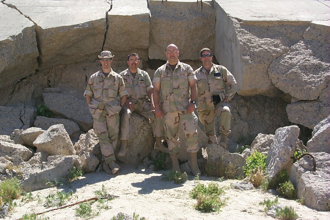 Lt. Cmdr. Mike Boehm (third from left) and members of the U.S. Navy Biological Research Directorate at Ali Al Salem Air Base in Kuwait, about 23 miles from the Iraqi border.