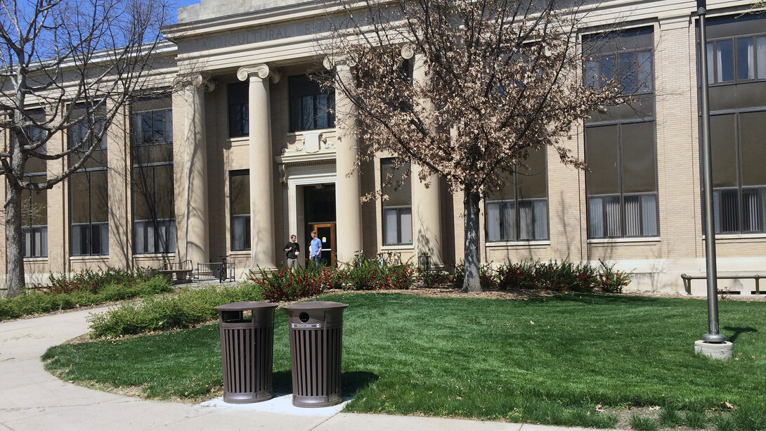 Main entrance to Chase Hall after rethinking the surrounding landscape. The new design opens up the space, increasing visibility of the entrance and nearby sidewalks.