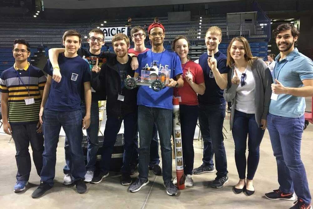 . The Nebraska engineering students team took first place in the annual Chem-E-Car competition. With the win, the Nebraska team qualifies to compete against collegiate teams from around the world at an annual meeting Oct. 29-Nov. 3 in Minneapolis, Minnesota.
